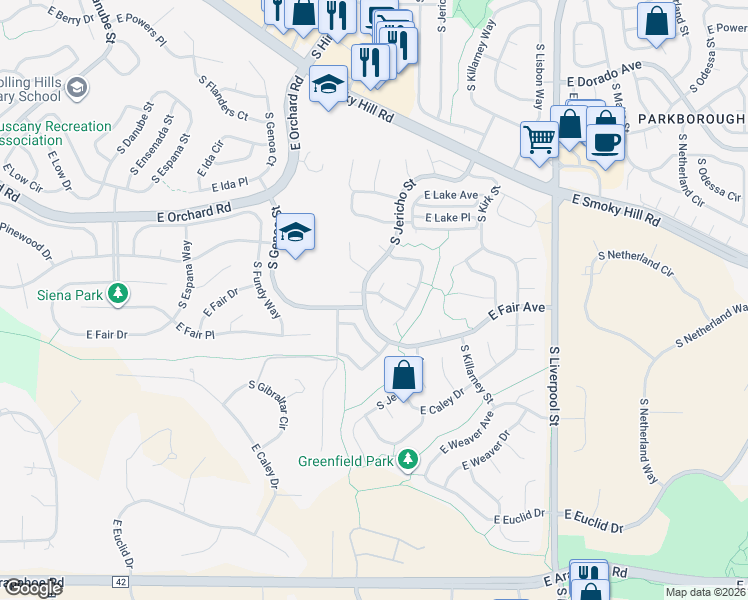 map of restaurants, bars, coffee shops, grocery stores, and more near 20204 East Maplewood Place in Centennial