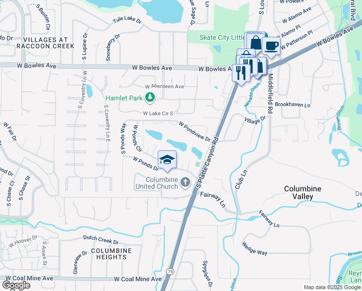 map of restaurants, bars, coffee shops, grocery stores, and more near 4192 West Pondview Drive in Littleton