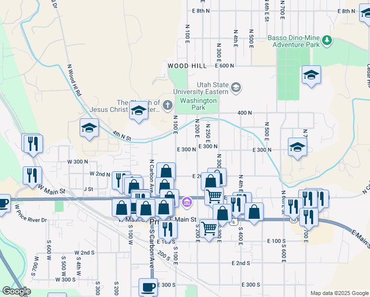 map of restaurants, bars, coffee shops, grocery stores, and more near 151 East 300 North in Price