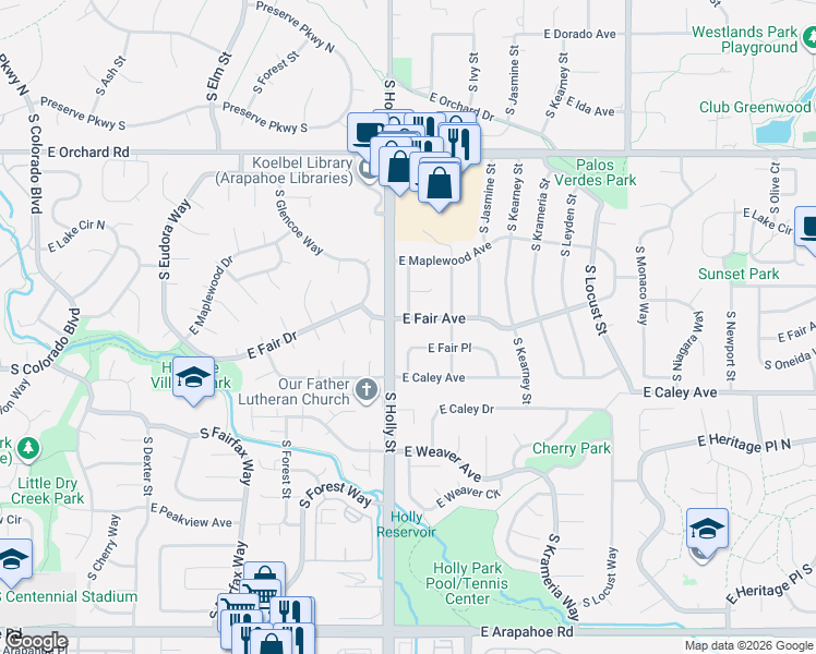 map of restaurants, bars, coffee shops, grocery stores, and more near 5630 East Fair Avenue in Centennial
