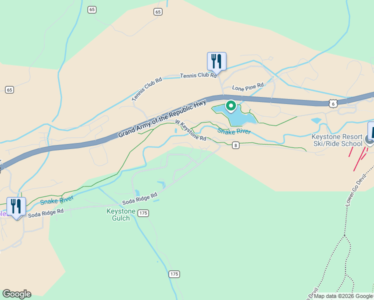 map of restaurants, bars, coffee shops, grocery stores, and more near 433 County Road 165 in Keystone