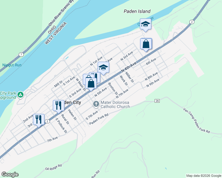 map of restaurants, bars, coffee shops, grocery stores, and more near 146 Boston St in Paden City