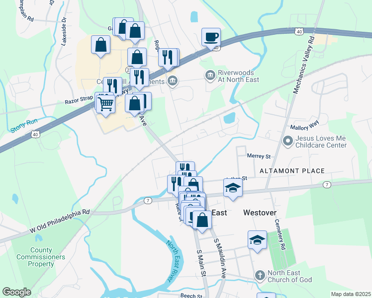 map of restaurants, bars, coffee shops, grocery stores, and more near 120 North Main Street in North East