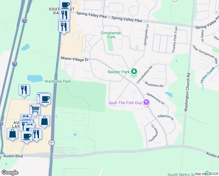 map of restaurants, bars, coffee shops, grocery stores, and more near 2598 Colinda Court in Miamisburg