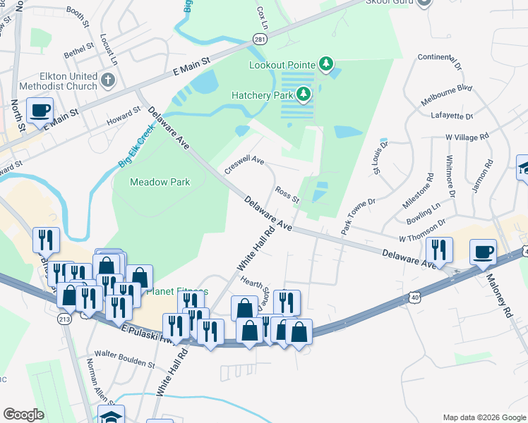 map of restaurants, bars, coffee shops, grocery stores, and more near 412 Delaware Avenue in Elkton