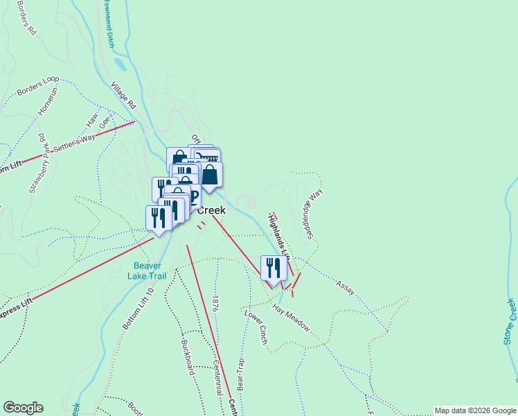 map of restaurants, bars, coffee shops, grocery stores, and more near 15 Highlands Lane in Beaver Creek