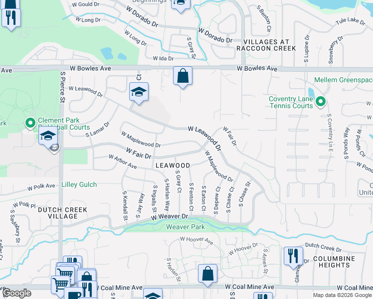 map of restaurants, bars, coffee shops, grocery stores, and more near 5869 West Fair Drive in Littleton