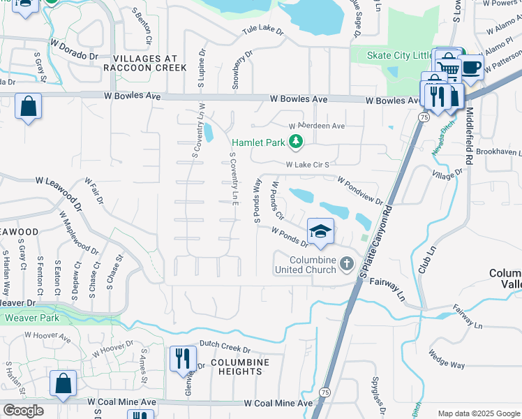 map of restaurants, bars, coffee shops, grocery stores, and more near 6186 South Ponds Way in Littleton