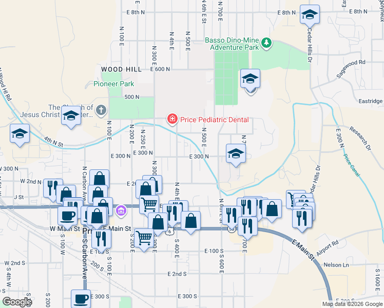 map of restaurants, bars, coffee shops, grocery stores, and more near 451 East 300 North in Price