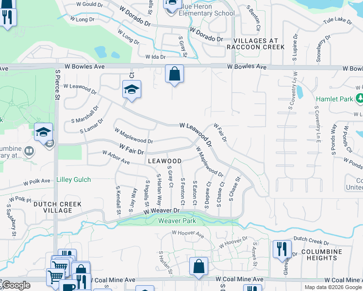 map of restaurants, bars, coffee shops, grocery stores, and more near 5869 West Fair Drive in Littleton