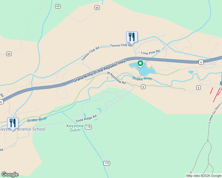 map of restaurants, bars, coffee shops, grocery stores, and more near 433 County Road 165 in Keystone