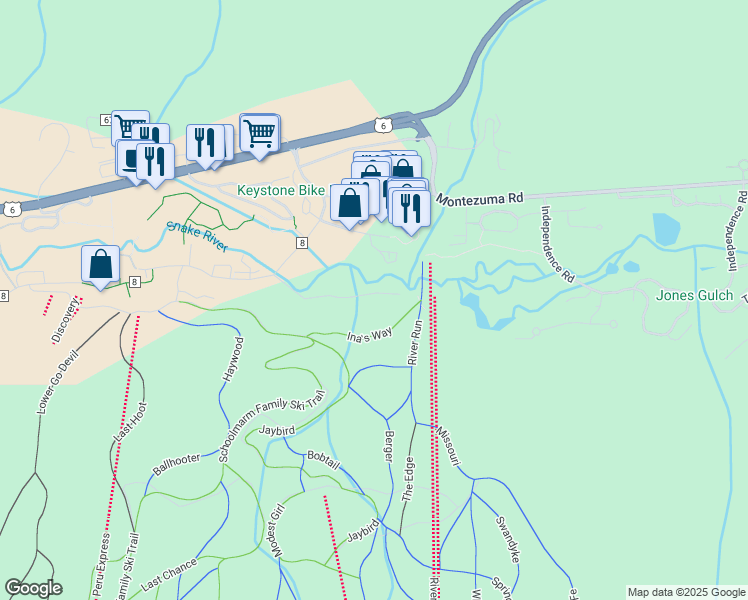 map of restaurants, bars, coffee shops, grocery stores, and more near 224 Trailhead Drive in Keystone
