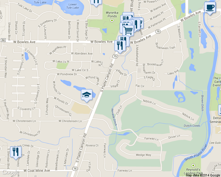map of restaurants, bars, coffee shops, grocery stores, and more near 20 Village Court in Littleton