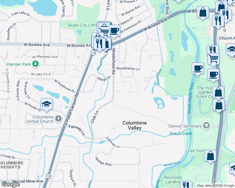 map of restaurants, bars, coffee shops, grocery stores, and more near 2 Par Circle in Littleton