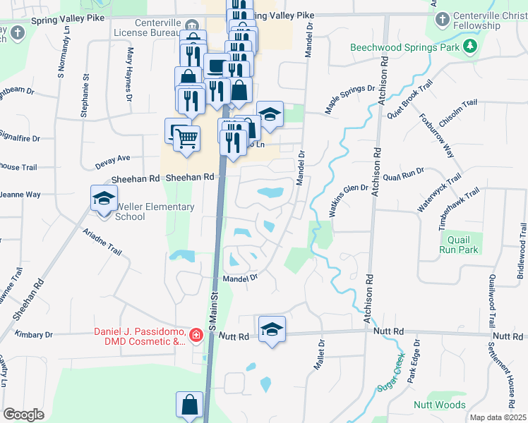 map of restaurants, bars, coffee shops, grocery stores, and more near 9601 Whalers Wharf in Dayton