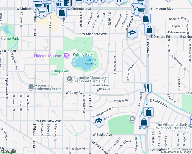 map of restaurants, bars, coffee shops, grocery stores, and more near 6159 South Elati Street in Littleton