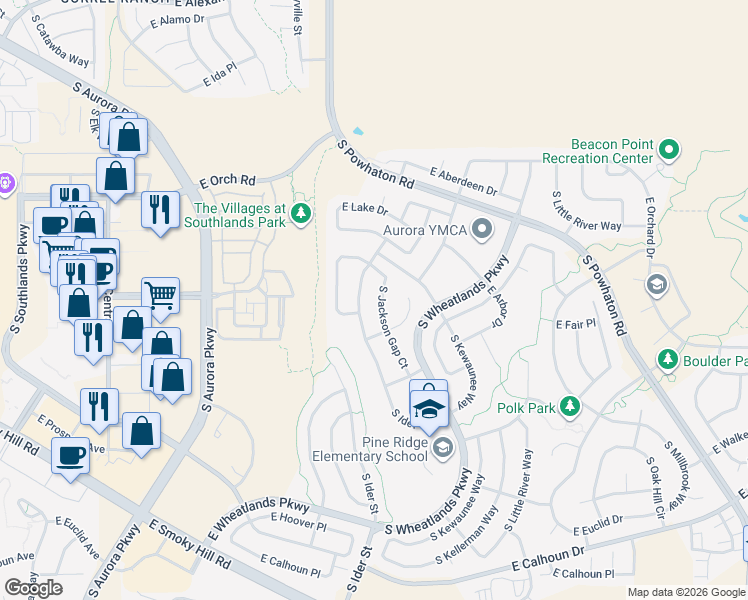 map of restaurants, bars, coffee shops, grocery stores, and more near 6183 South Jackson Gap Court in Aurora