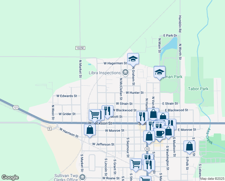 map of restaurants, bars, coffee shops, grocery stores, and more near 704 West Hunter Street in Sullivan