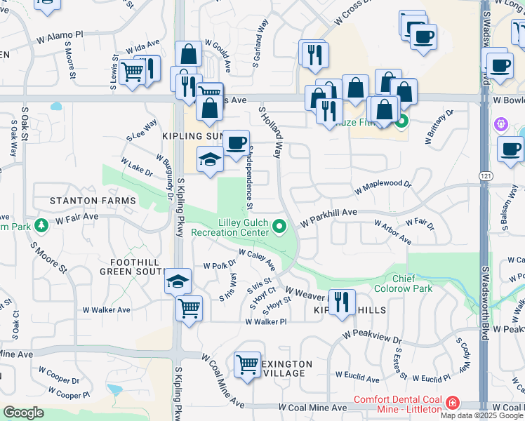 map of restaurants, bars, coffee shops, grocery stores, and more near 9559 West Maplewood Place in Littleton