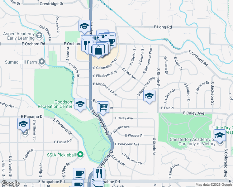map of restaurants, bars, coffee shops, grocery stores, and more near 2745 East Maplewood Avenue in Centennial