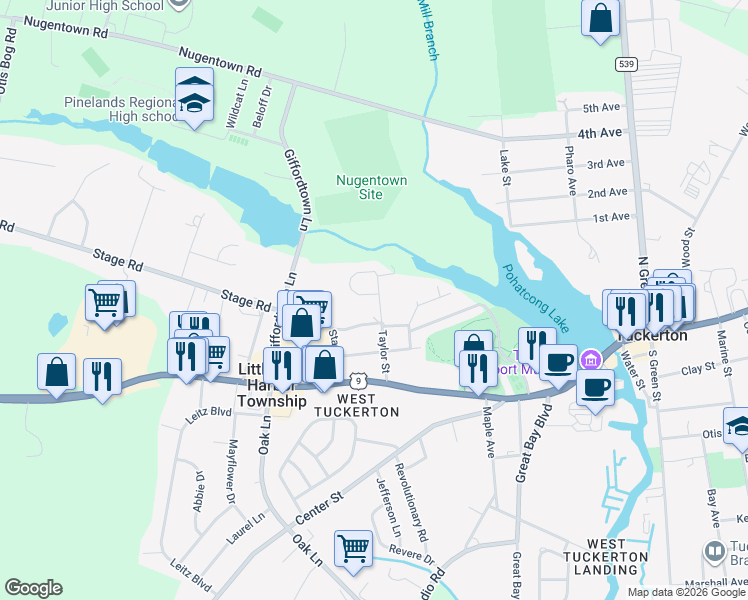 map of restaurants, bars, coffee shops, grocery stores, and more near 1 Bear Hollow Lane in Little Egg Harbor Township