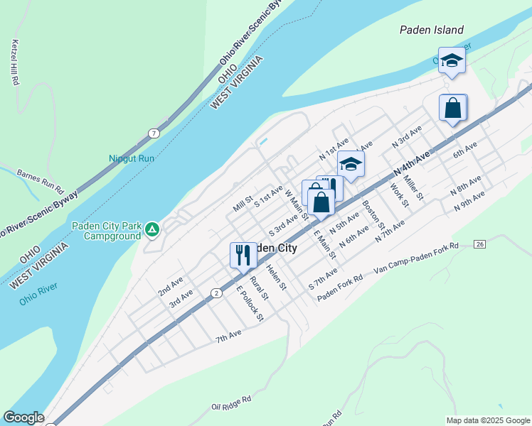 map of restaurants, bars, coffee shops, grocery stores, and more near 123 S 2nd Ave in Paden City