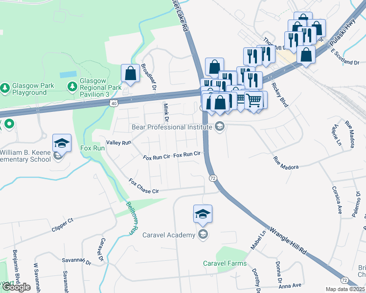 map of restaurants, bars, coffee shops, grocery stores, and more near 214 Skeet Circle West in Bear