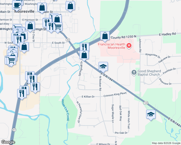 map of restaurants, bars, coffee shops, grocery stores, and more near 703 East South R 144 in Mooresville