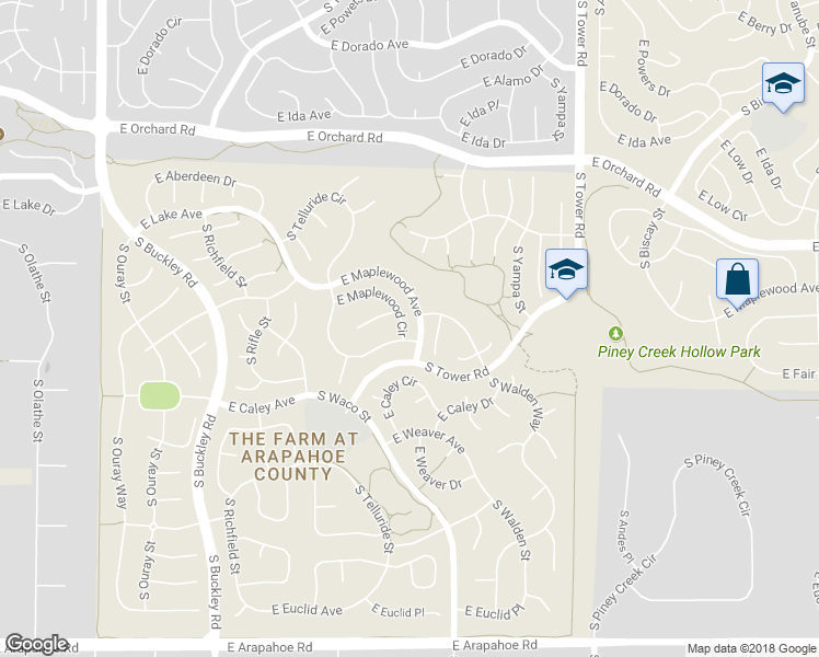 map of restaurants, bars, coffee shops, grocery stores, and more near 17883 East Maplewood Circle in Aurora