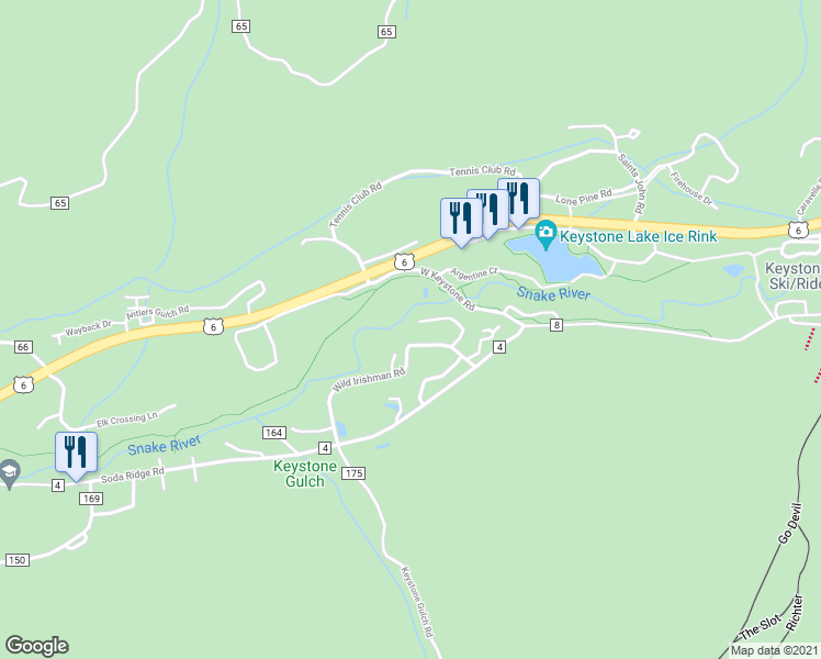 map of restaurants, bars, coffee shops, grocery stores, and more near 357 County Road 165 in Keystone