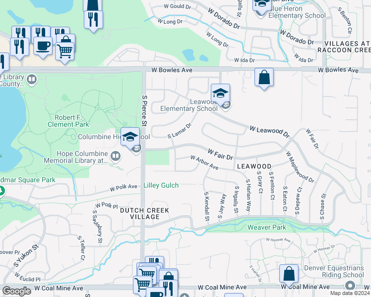 map of restaurants, bars, coffee shops, grocery stores, and more near 6468 West Fair Drive in Littleton