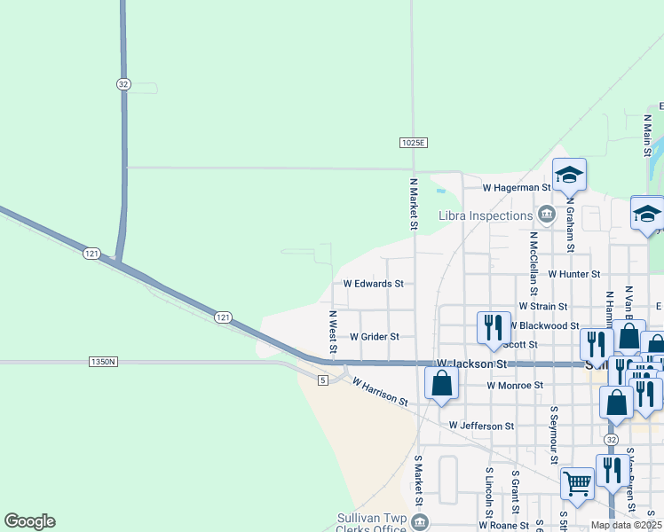 map of restaurants, bars, coffee shops, grocery stores, and more near 599 North West Street in Sullivan