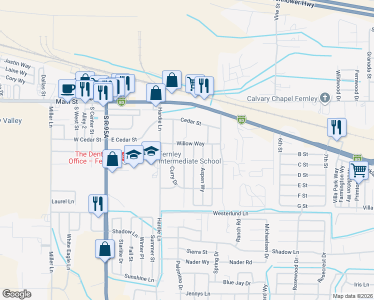 map of restaurants, bars, coffee shops, grocery stores, and more near 335 Spruce Dr in Fernley