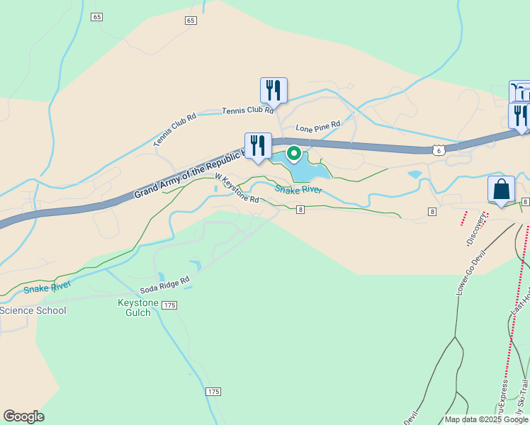 map of restaurants, bars, coffee shops, grocery stores, and more near 71 Starfire Lane in Keystone