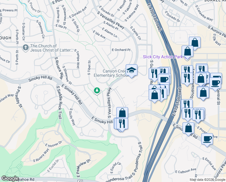 map of restaurants, bars, coffee shops, grocery stores, and more near 6213 South Versailles Parkway in Aurora