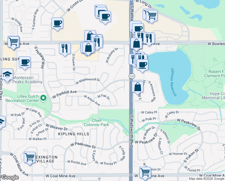 map of restaurants, bars, coffee shops, grocery stores, and more near 6176 South Dover Street in Littleton