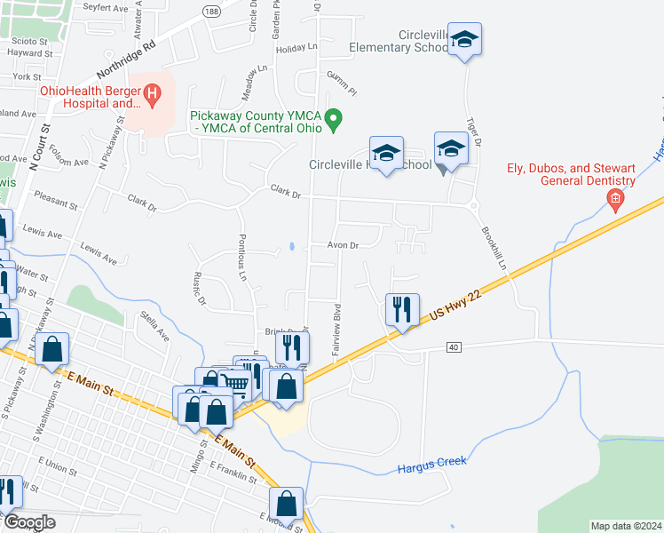 map of restaurants, bars, coffee shops, grocery stores, and more near 535 Tower Court in Circleville