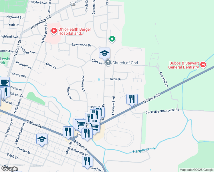 map of restaurants, bars, coffee shops, grocery stores, and more near 502 Tower Court in Circleville