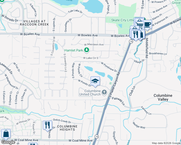 map of restaurants, bars, coffee shops, grocery stores, and more near 4547 West Ponds Circle in Littleton