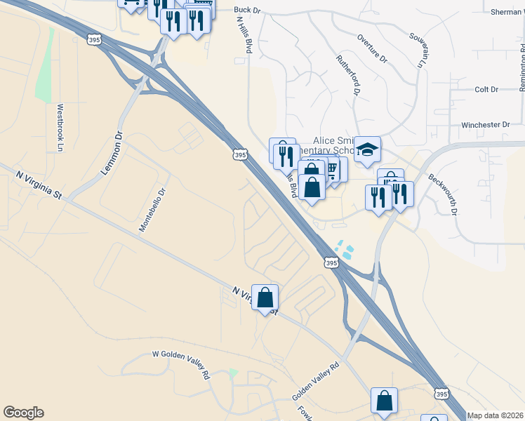 map of restaurants, bars, coffee shops, grocery stores, and more near 266 Beth Drive in Reno