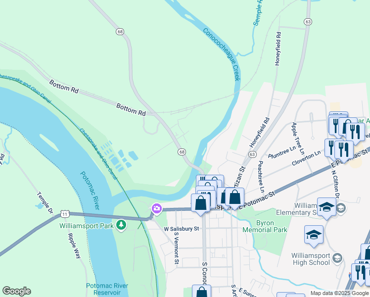 map of restaurants, bars, coffee shops, grocery stores, and more near 15814 Clear Spring Road in Williamsport