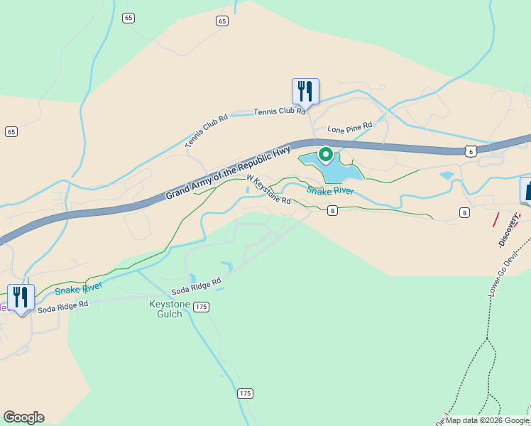 map of restaurants, bars, coffee shops, grocery stores, and more near 433 County Road 165 in Keystone