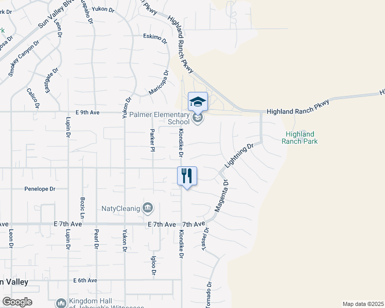map of restaurants, bars, coffee shops, grocery stores, and more near 5869 Foggy Court in Sun Valley