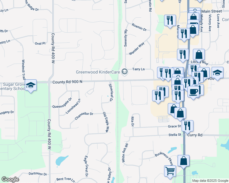 map of restaurants, bars, coffee shops, grocery stores, and more near 769 Silverleaf Drive in Greenwood