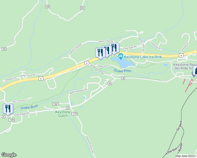 map of restaurants, bars, coffee shops, grocery stores, and more near 433 County Road 165 in Keystone