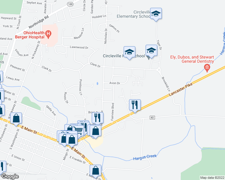 map of restaurants, bars, coffee shops, grocery stores, and more near 535 Tower Court in Circleville