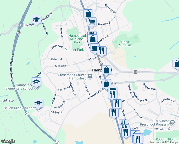 map of restaurants, bars, coffee shops, grocery stores, and more near 4011 Shiloh Avenue in Hampstead