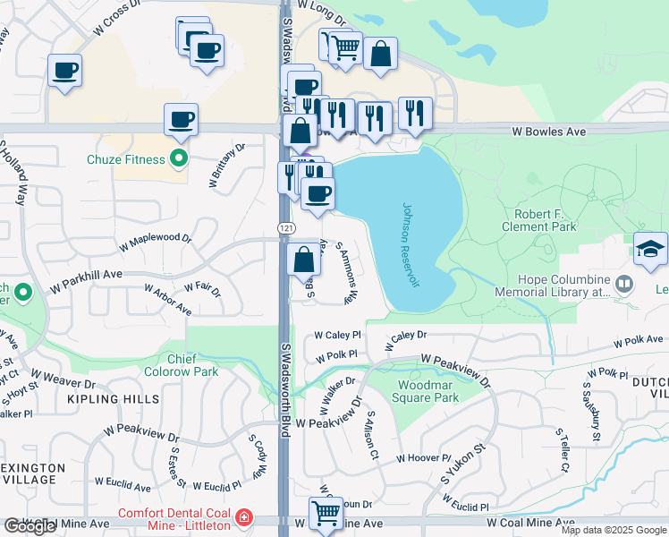 map of restaurants, bars, coffee shops, grocery stores, and more near 6165 South Ammons Way in Littleton