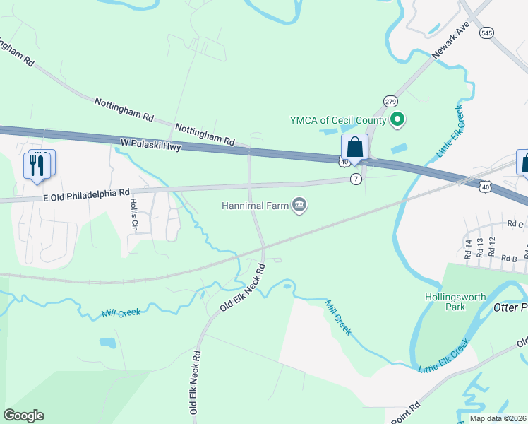 map of restaurants, bars, coffee shops, grocery stores, and more near 3490 Old Elk Neck Road in Elkton