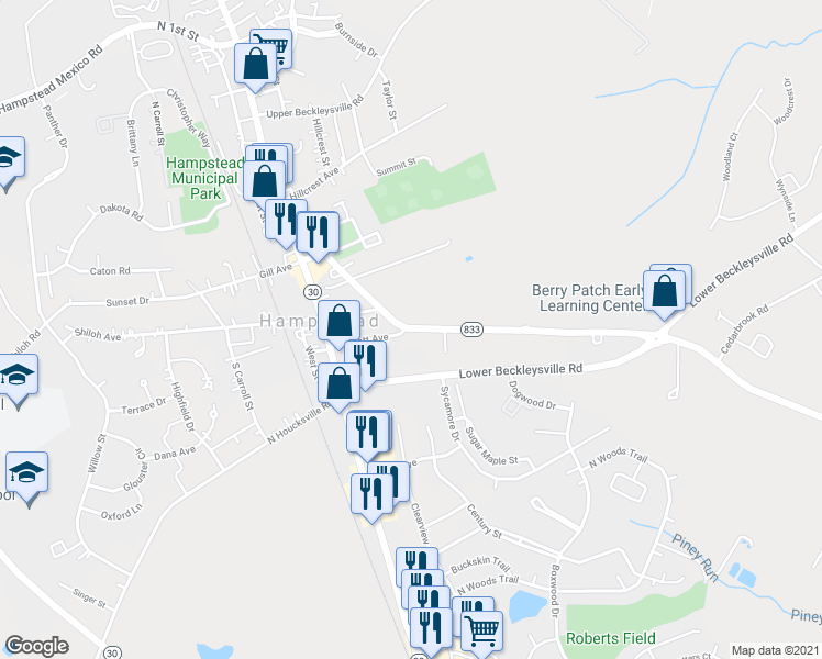 map of restaurants, bars, coffee shops, grocery stores, and more near 4201 Maryland 833 in Hampstead